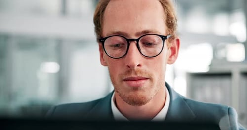 Office, businessman and accountant with laptop for reading, financial investment and information