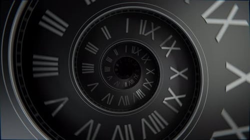 Animation d'horloge à spirale noire à boucle transparente, concept futuriste de l'heure sombre