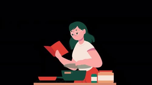 Woman Cooking And Looking At Book Alpha Channel 4K