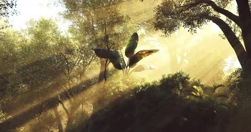 Sunlight Filters Through Lush Leaves in a Serene Forest Setting