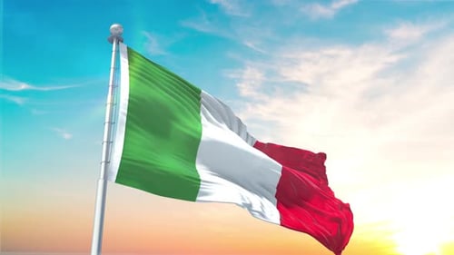 Italy Flag Waving Realistic With Sky
