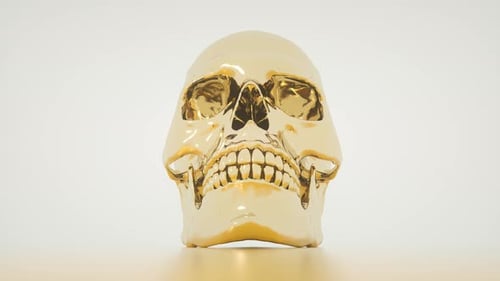 Glossy Golden Human Skull Isolated on Minimal Light Background