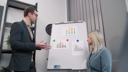 business woman team leader presenting project strategy showing ideas on whiteboard in office