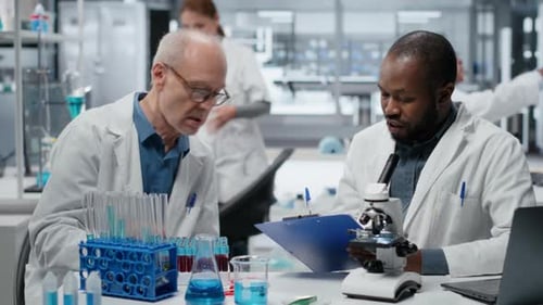 Scientists Discuss Test Results at Lab Bench