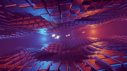 Futuristic Digital Tunnel Flythrough with Glowing Cube Grid