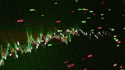 Stock Market Data Chart Rising Values stock market activity, featuring colorful candlestick graphs