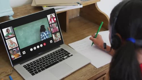 Girl Learning Via Video Conference Technology At Home