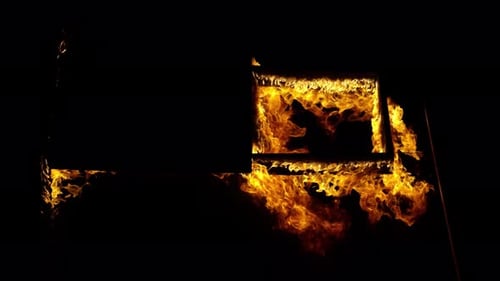 Burn Collection: A 4k vertical oriented three quarter look at a frame ravaged by fire on a black bac