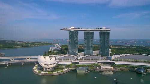 The Marina Bay Sands hotel in Singapore, Malaysia. Aerial shot right to left.
