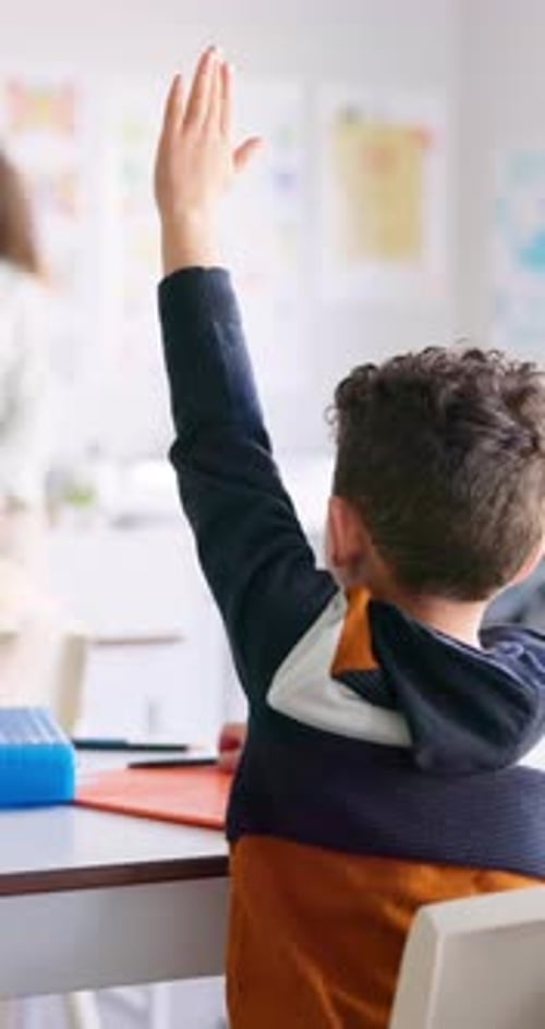 Boy Raising Hand in Classroom to Answer Question