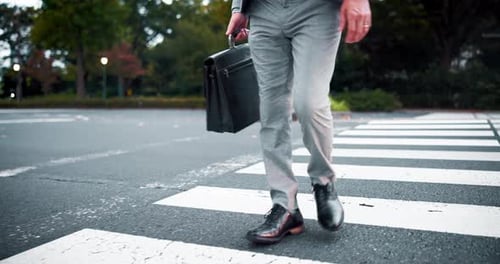 Legs, street and business person on crosswalk, travel or search for direction