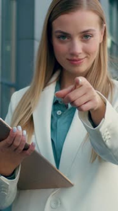 Caucasian Business Woman Pointing Finger at Camera Inviting Welcome Candidate Outdoors City Female