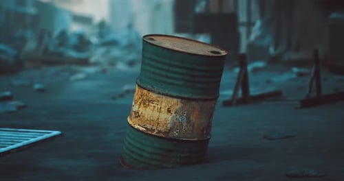 Old Rusty Barrel Stands on a Deserted Street at Dusk