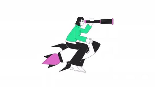 Animated Woman Riding Rocket and Looking Through Telescope