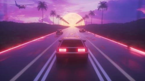 Cars Driving At Sunset Time Synthwave Style Background Loop