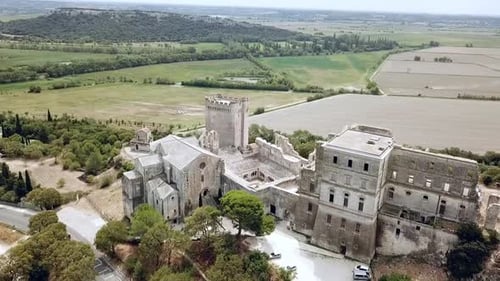 Aerial views of the fortified castle Montmajour Abbey in the Provence, France, Europe.