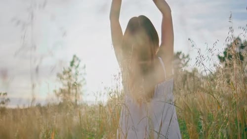 Rural Woman Raising Arms Enjoying Morning Back View Gentle Lady Feeling Freedom