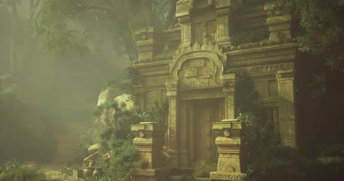 Ancient Temple Ruins Surrounded By Dense Jungle Under Soft Light