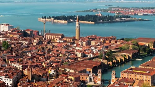 Aerial drone view of Venice City, Italy on a sunny day