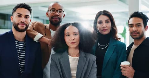 Business people, group and face with diversity in office with pride for career