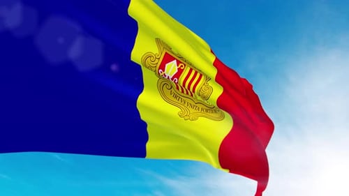 Andorra National Flag Waving Against Blue Sky with Sunlight
