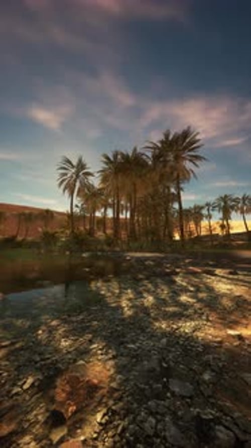 L'oasis de Gobi scintille sous un ciel crépusculaire parsemé de palmiers et de doux reflets