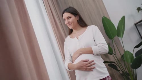 Caucasian Pregnant Young Beautiful Woman Expecting Baby Planning for Future Staying Home Planned