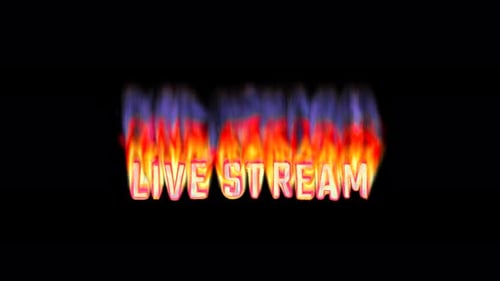 Live Stream - Burning text in pixelated retro-styled fire. Loop 3d animation on alpha.