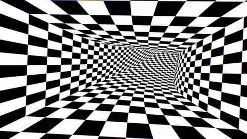 Inside Fast Black White Abstract Checkerboard Optical Illusion Tunnel - 4K