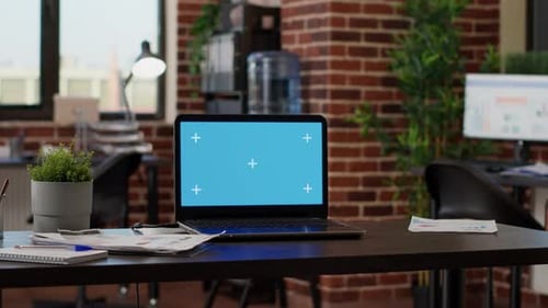 No People in Empty Startup Office with Greenscreen on Laptop