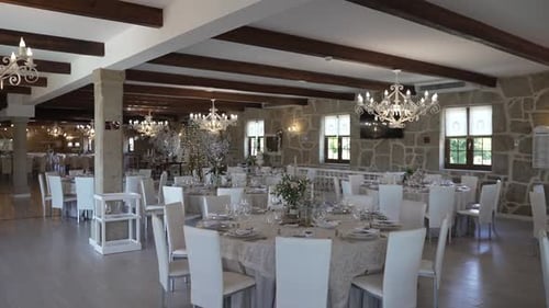 elegant wedding banquet hall with chandeliers
