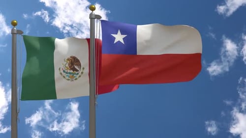 Realistic Flags of Mexico and Chile Waving on Flagpoles