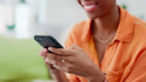 Closeup, hands and black woman with smartphone, typing and connection for social media