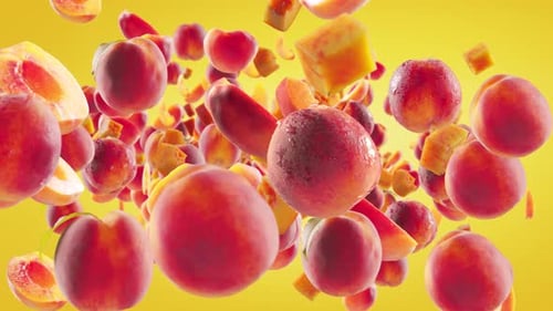 Dynamic Falling Peaches and Slices on Vibrant Yellow Background