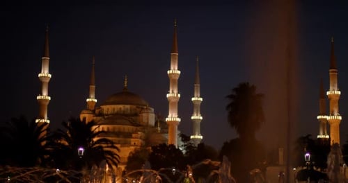 Hagia Sophia illuminated at night, wide