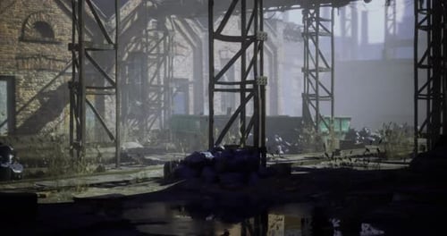Grungy Industrial Ruin Scene With Flying Particles Animation