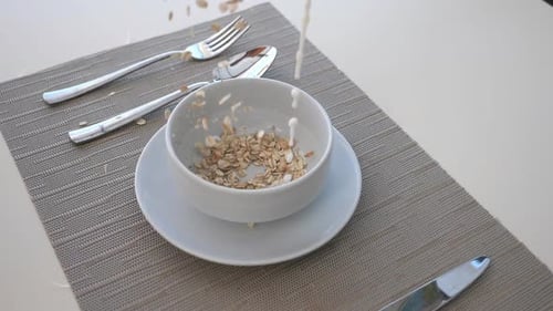 Detail View on Dry Crispy Cereal and Milk Pouring Into Bowl Close Up of Bowl with Healthy Breakfast