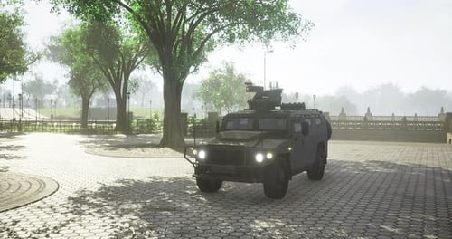 Military Vehicle Parked in a Serene Park on a Bright Sunny Day