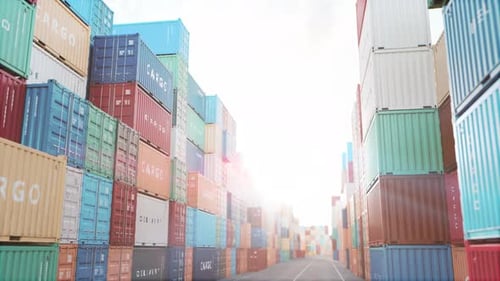 Brasilien-Import-Export-Frachtcontainer mit brasilianischer Flagge in einer 3D-Hafenanimation