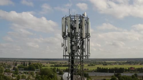 Telecom Tower Antenna and Satellite Transmits the Signals of Cellular 5g and 4g Mobile Signals