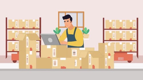 Man Working with Packages in a Flat Design Warehouse Illustration