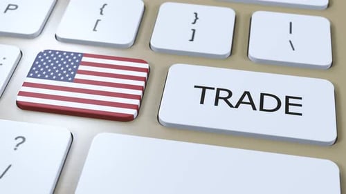 USA United States of America Country Flag and Trade Text on Button 3D Animation