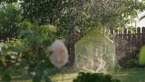 Niña en una ducha floral, niña iluminada por el sol, baila a través de un rociador en flor, vívido momento de verano
