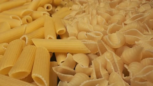 Close-up of uncooked penne and shell pasta
