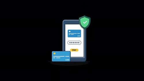Animated Phone with Bank Card and Shield. Secure Payment Concept Video - Transparent