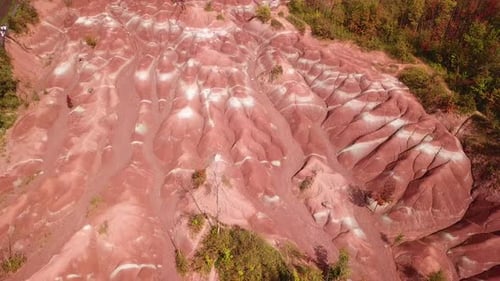 4K aerial shot of the Cheltenham Badlands in Ontario, Canada
