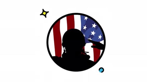 Animated Made in uk a Soldier saluting an american flag in a circular design.