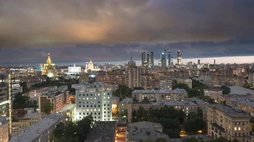 view of the center of Moscow, the process of turning on street lighting