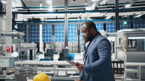 Un expert de l'industrie afro-américaine examine une chaîne de montage photovoltaïque