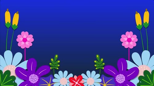 Floral spring cartoon animation with royal blue gradient background